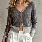 ElevenOra Chic Elegant Gray Cotton Blend Colorblock V-Neck Single-Breasted Long-Sleeve Slim-Fit Soft Ribbed Knit Cardigan Top