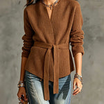 ElevenOra Chic Elegant Brown Cotton Blend V-Neck Long-Sleeve Tie-Waist Loose-Fit Soft Ribbed Knit Cardigan