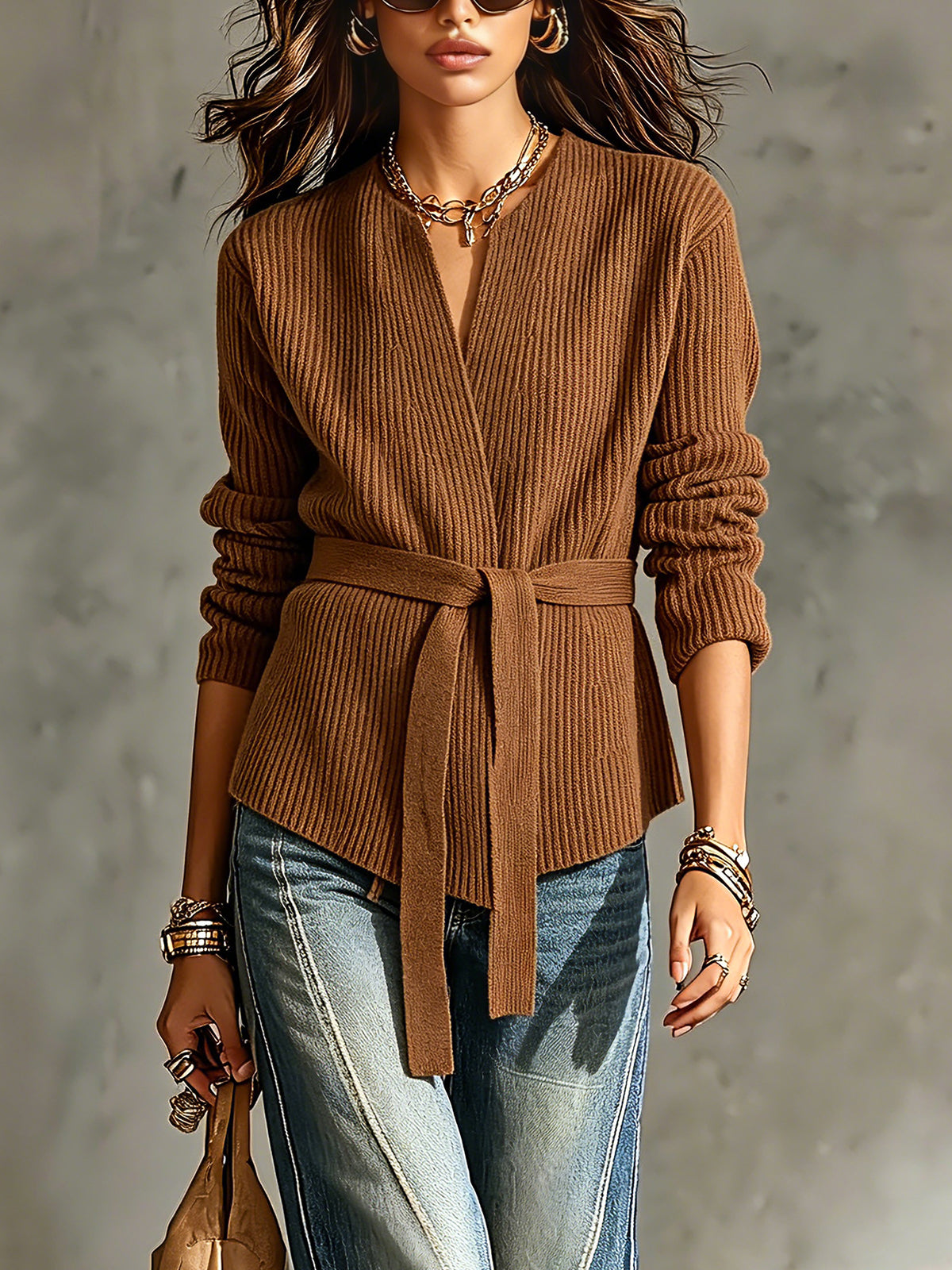 ElevenOra Chic Elegant Brown Cotton Blend V-Neck Long-Sleeve Tie-Waist Loose-Fit Soft Ribbed Knit Cardigan