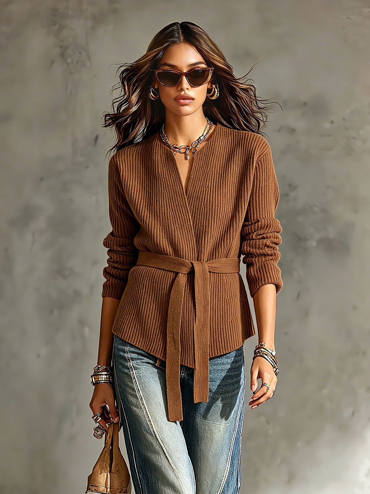 ElevenOra Chic Elegant Brown Cotton Blend V-Neck Long-Sleeve Tie-Waist Loose-Fit Soft Ribbed Knit Cardigan