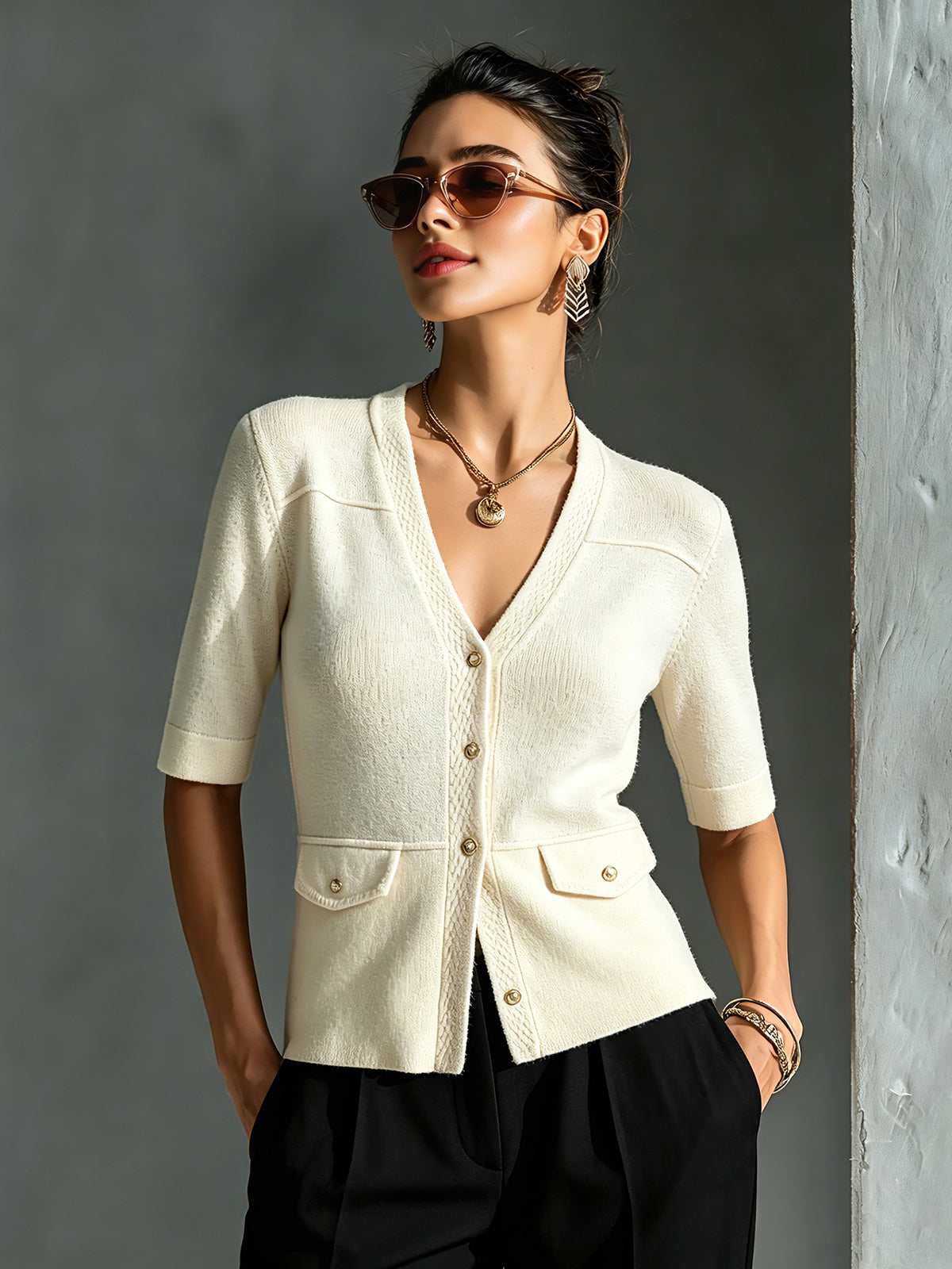 ElevenOra Chic Elegant Beige V-Neck Single-Breasted Half-Sleeve Decorative Pockets Loose-Fit Soft Knit Cardigan Top