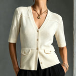 ElevenOra Chic Elegant Beige V-Neck Single-Breasted Half-Sleeve Decorative Pockets Loose-Fit Soft Knit Cardigan Top