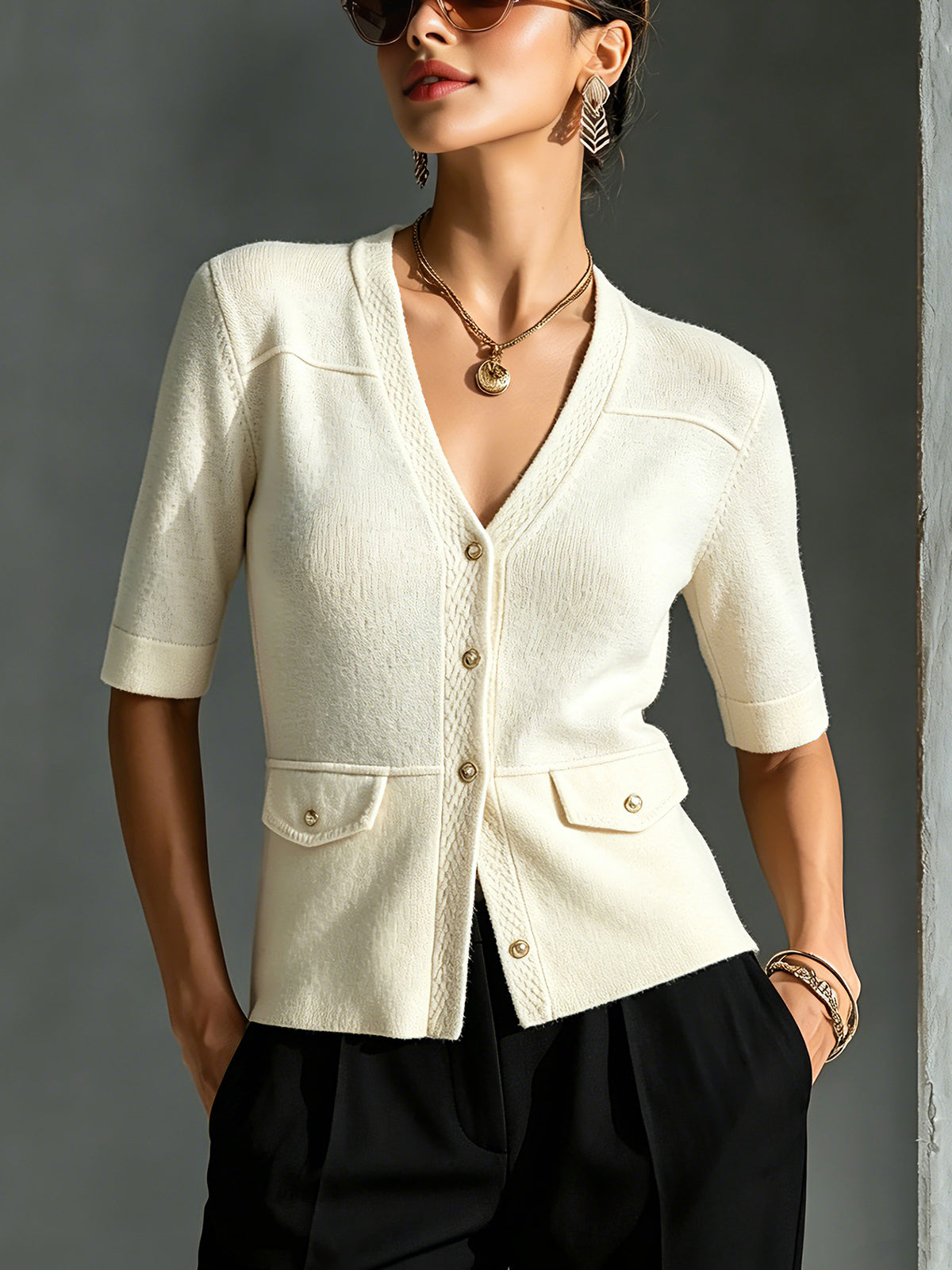ElevenOra Chic Elegant Beige V-Neck Single-Breasted Half-Sleeve Decorative Pockets Loose-Fit Soft Knit Cardigan Top