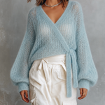 ElevenOra Chic Casual Light Blue Surplice Wrap V-Neck Balloon Long Sleeves Loose-Fit Waist Tie Knit Sweater Top