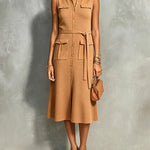 ElevenOra Chic Elegant Camel Lapel-Collar Single-Breasted Sleeveless Tie-Waist Multi-Pocket A-Line Soft Knit Midi Dress