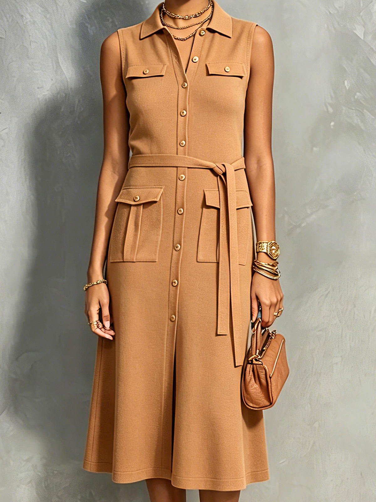 ElevenOra Chic Elegant Camel Lapel-Collar Single-Breasted Sleeveless Tie-Waist Multi-Pocket A-Line Soft Knit Midi Dress