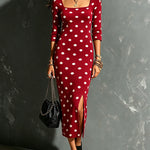 ElevenOra Chic Elegant Red-White Polka-Dot Jacquard Square-Neck Half-Sleeve Tailored Side-Slit Slim-Fit Knit Midi Dress