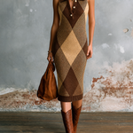 ElevenOra Chic Elegant Brown Lapel-Collar Button-Up Argyle Diamond Jacquard Sleeveless Slim-Fit Knit Midi Dress