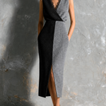 ElevenOra Chic Elegant Black-Gray Colorblock Wrap V-Neck Lace Trim Sleeveless Slim-Fit Knit Midi Dress
