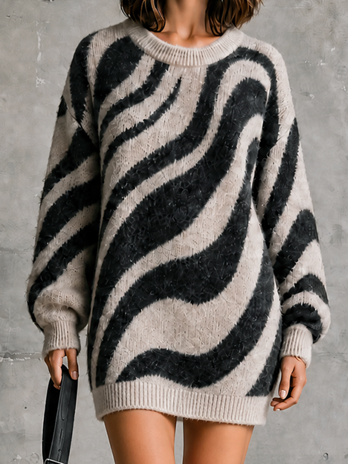 ElevenOra Chic Casual Off White-Black Colorblock Wavy Jacquard Round Neck Long Sleeve Loose-Fit Knit Mini Dress