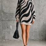 ElevenOra Chic Casual Off White-Black Colorblock Wavy Jacquard Round Neck Long Sleeve Loose-Fit Knit Mini Dress