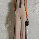 ElevenOra Chic Elegant Taupe Round Neck Contrast Trim Hollow-Out Sleeveless Wide Leg Ribbed Knit Jumpsuit