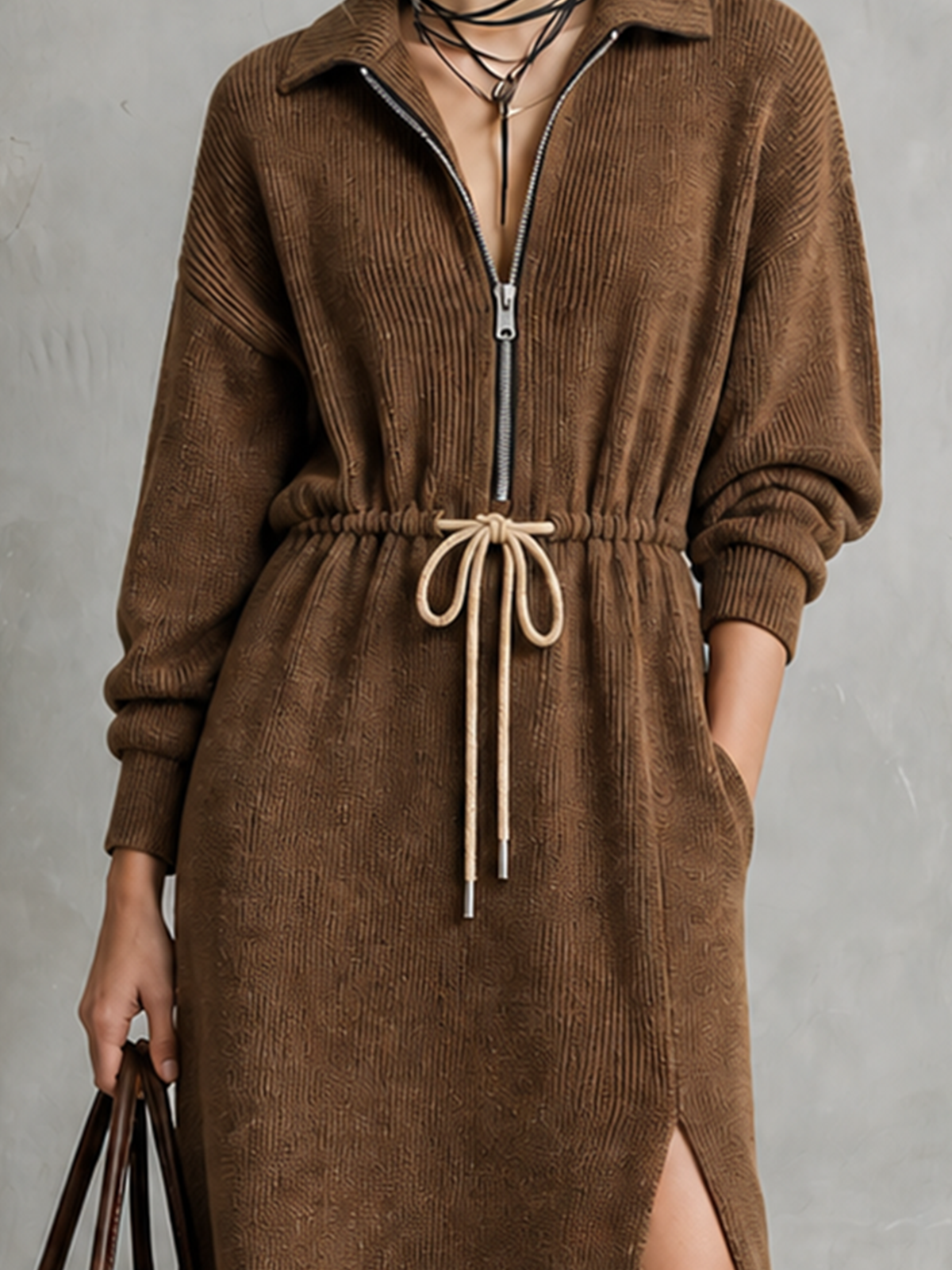 ElevenOra Chic Casual Brown Lapel-Collar Half-Zipper Long Sleeve Loose-Fit Drawstring Waist Side Slit Ribbed Knit Midi Dress
