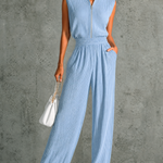 ElevenOra Chic Elegant Light Blue Stand-Collar Zipper-Front Sleeveless Tailored-Wiast Wide Leg Ribbed Knit Jumpsuit