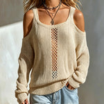 ElevenOra Chic Elegant Beige Square-Neck Shoulder-Cutout Long-Sleeve Hollow-Out Detail Loose-Fit Knit Sweater Top