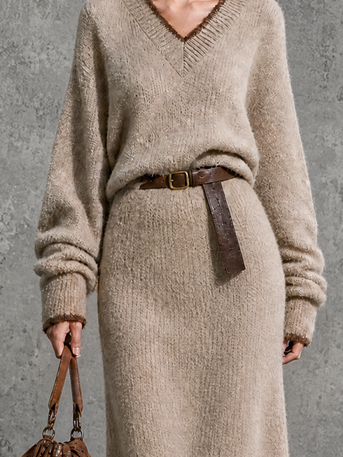ElevenOra Chic Elegant Oat Beige V-Neck Contrast Trim Long Sleeve Loose-Fit Leather Belt Knit Midi Dress