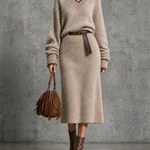 ElevenOra Chic Elegant Oat Beige V-Neck Contrast Trim Long Sleeve Loose-Fit Leather Belt Knit Midi Dress