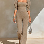 ElevenOra Chic Elegant Camel Melange Square-Neck Short-Puff-Sleeve Tailored-Waist Relaxed Wide-Leg Soft Knit Junpsuit