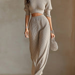 ElevenOra Chic Elegant Light Brown Boat-Neck Short-Puff-Sleeve Cropped Sweater Elastic-Waist Wide-Leg Pants Soft Knit Two-Piece Set