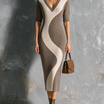 ElevenOra Chic Elegant Off-White-Taupe V-Neck Colorblock Wavy Jacquard Half-Sleeve Slim-Fit Ribbed Knit Midi Dress