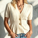 ElevenOra Chic Elegant Beige V-Neck Short-Sleeve Single-Breasted Elastic-Waist Pleats Detail Knit Cardigan Top