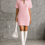 ElevenOra Chic Elegant Pink Diamond Cable Jacquard Lapel-Collar V-Neck Short-Sleeve Knit Mini Dress