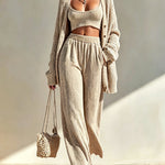 ElevenOra Chic Elegant Light Camel U-Neck Camisole Elastic-Waist Wide-Leg Pants Single-Breasted Oversize Cardigan Knit Three-Piece Set