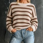 ElevenOra Chic Casual Oat Beige-Brown Stripe Round Neck Long Sleeve Loose-Fit Knit Sweater Top