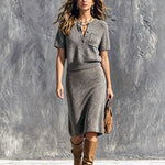 ElevenOra Chic Elegant Gray Henley Collar Short-Sleeve Patch Pocket Sweater Elastic-Waist Midi Skirt Soft Knit Two-Piece Set