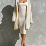 ElevenOra Chic Elegant Beige Spaghetti Straps Square-Neck Lace Trim Detail Rib Midi Dress Oversize Cardigan Soft Knit Two-Piece Set