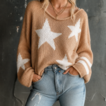 ElevenOra Chic Casual Light Camel Round Neck White Star Jacquard Long Sleeve Loose-Fit Knit Sweater Top
