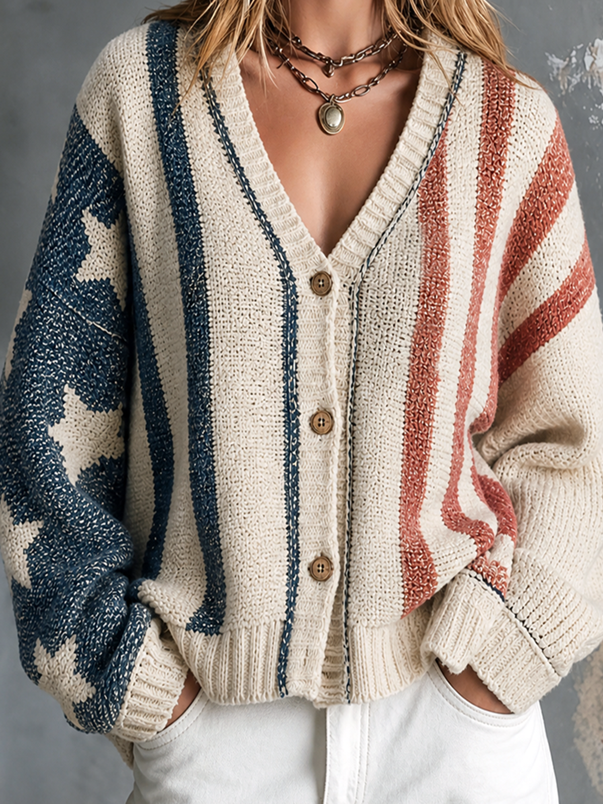 ElevenOra Chic Casual Off-White Star Jacquard Colorblock Stripe V-Neck Single-Breasted Long Sleeve Loose-Fit Knit Sweater Top