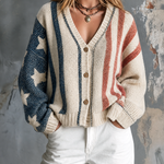 ElevenOra Chic Casual Off-White Star Jacquard Colorblock Stripe V-Neck Single-Breasted Long Sleeve Loose-Fit Knit Sweater Top
