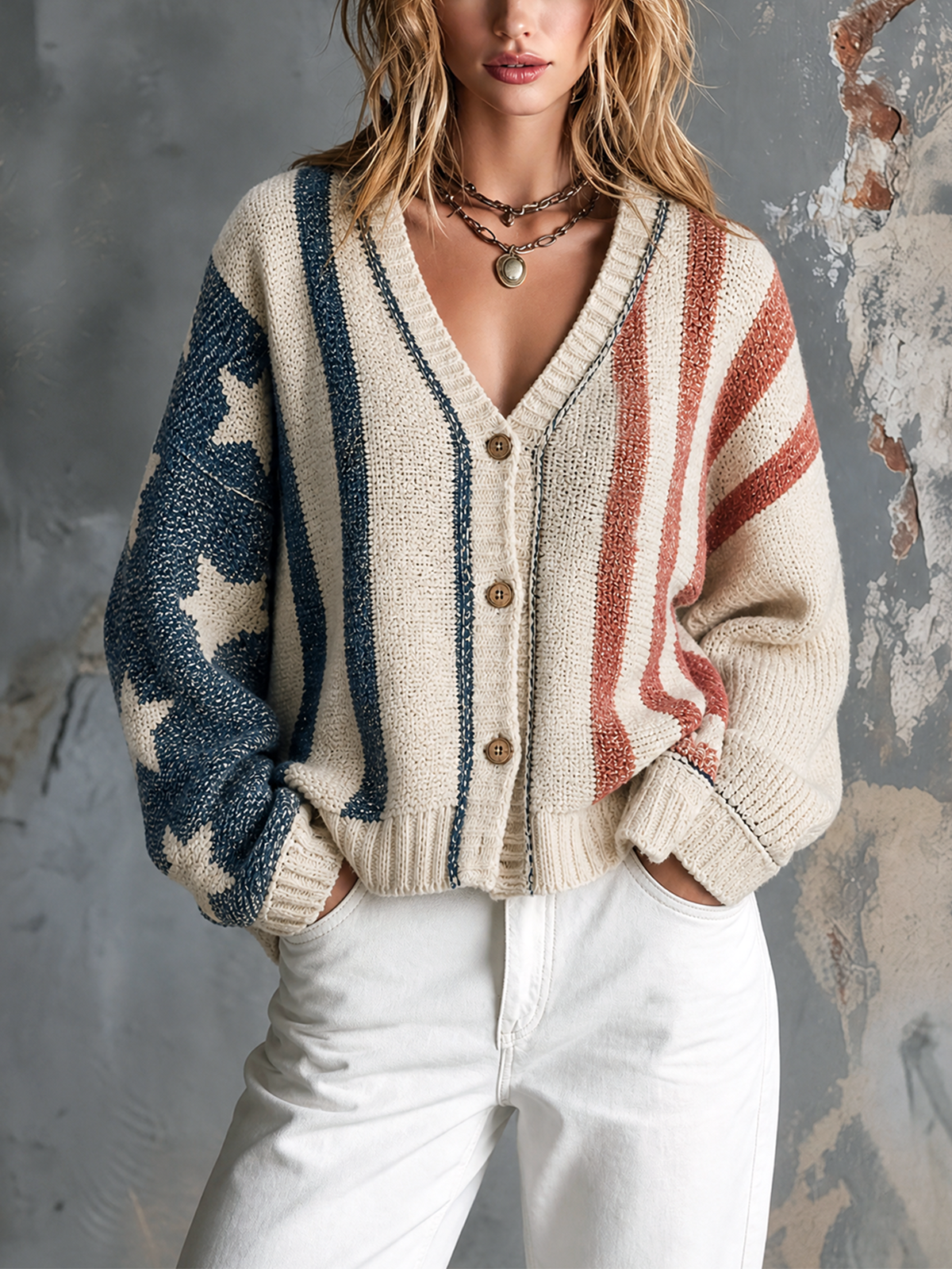 ElevenOra Chic Casual Off-White Star Jacquard Colorblock Stripe V-Neck Single-Breasted Long Sleeve Loose-Fit Knit Sweater Top