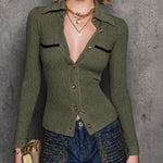 ElevenOra Chic Casual Military Green-Black Colorblock Polo-Neck Single-Breasted Long Sleeve Slim-Fit Knit Cardigan Top