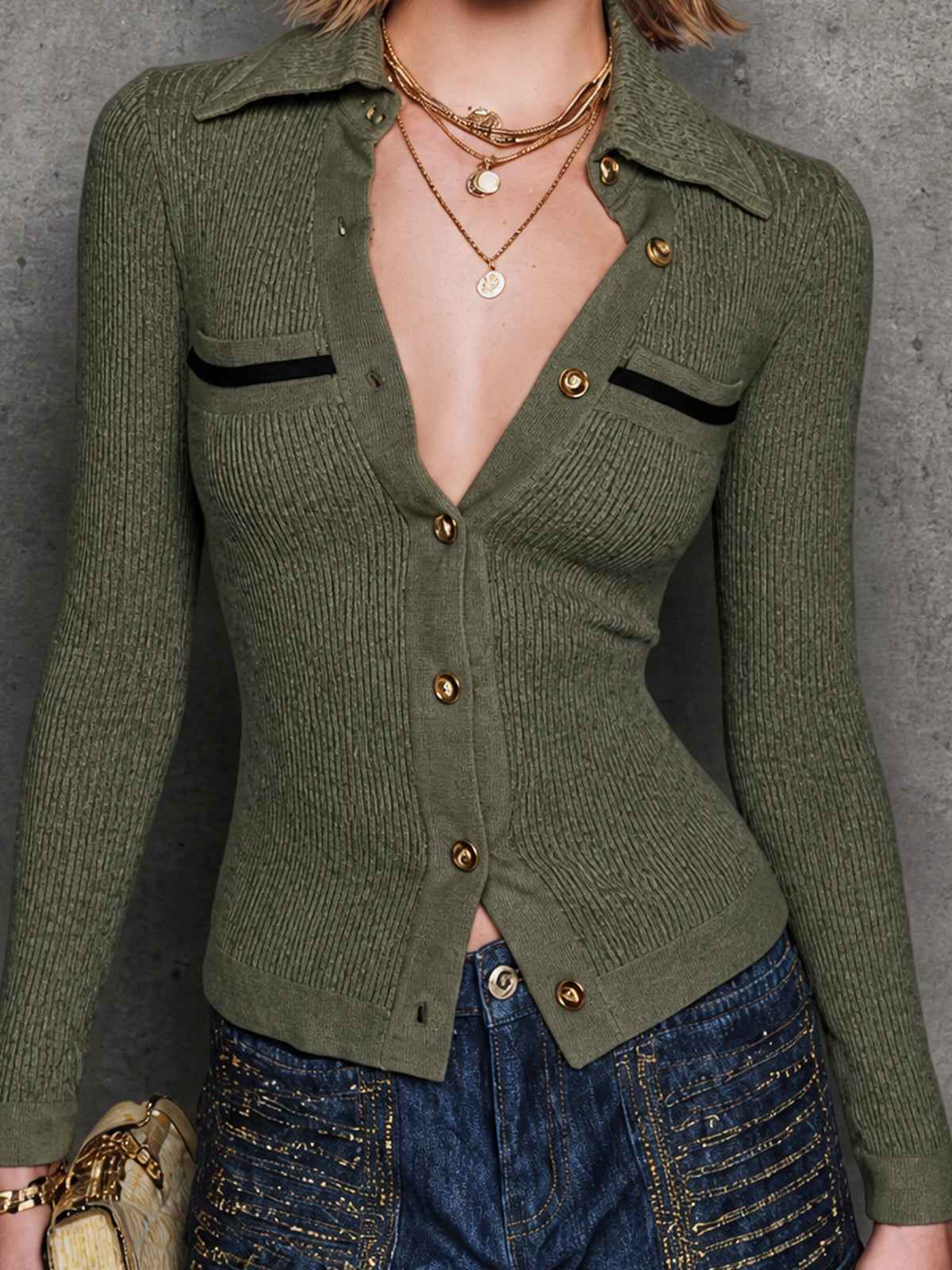 ElevenOra Chic Casual Military Green-Black Colorblock Polo-Neck Single-Breasted Long Sleeve Slim-Fit Knit Cardigan Top