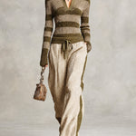 ElevenOra Chic Casual Green Stripes Lapel-Collar Long Sleeve Sweater Drawstring-Waist Straight-Leg Trousers Slim-Fit Knit Two-Piece Set