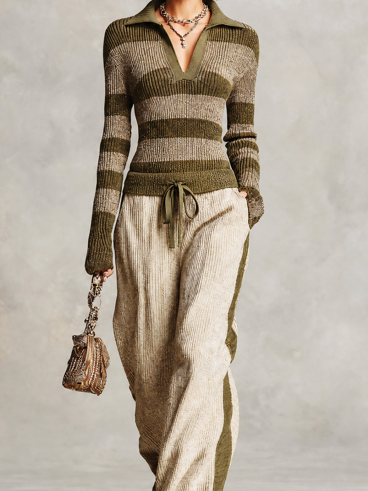 ElevenOra Chic Casual Green Stripes Lapel-Collar Long Sleeve Sweater Drawstring-Waist Straight-Leg Trousers Slim-Fit Knit Two-Piece Set