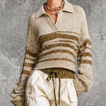 ElevenOra Chic Apricot-Khaki Stripes Polo-Neck  Button-Detail Long Sleeve Loose-Fit Sweater Top