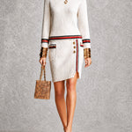 ElevenOra Chic White Colorful Stripes Boat-Neck Long-Sleeve Sweater Straight Skirt Pocket-Detail Regular-Fit  Knit Two-Piece Set