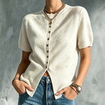 ElevenOra Chic Elegant Beige Round-Neck Short-Sleeve Button-Front Ribbed-Hem Soft Knit Sweater Top