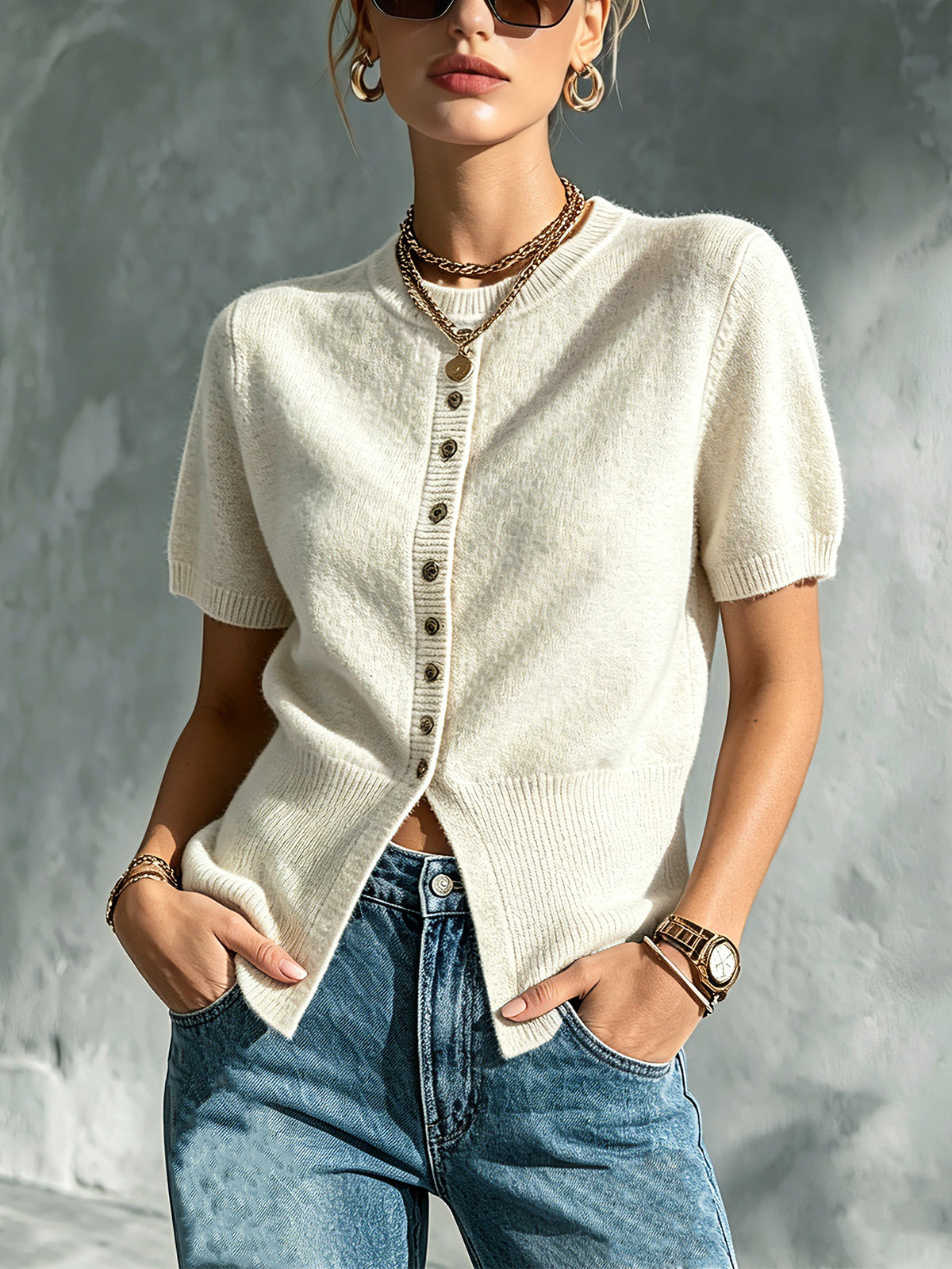 ElevenOra Chic Elegant Beige Round-Neck Short-Sleeve Button-Front Ribbed-Hem Soft Knit Sweater Top