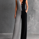 ElevenOra Chic Elegant Black-Gray V-Neck Button-Up Sleeveless Drawstring Waist Wide Leg Ribbed Knit Jumpsuit