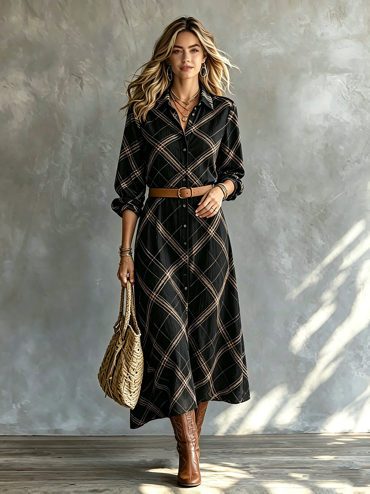 ElevenOra Chic Elegant Black-Camel Geometrical Print Lapel Collar Single-Breasted Long-Sleeve Belted Loose-Fit A-Line Midi Dress