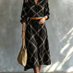 ElevenOra Chic Elegant Black-Camel Geometrical Print Lapel Collar Single-Breasted Long-Sleeve Belted Loose-Fit A-Line Midi Dress