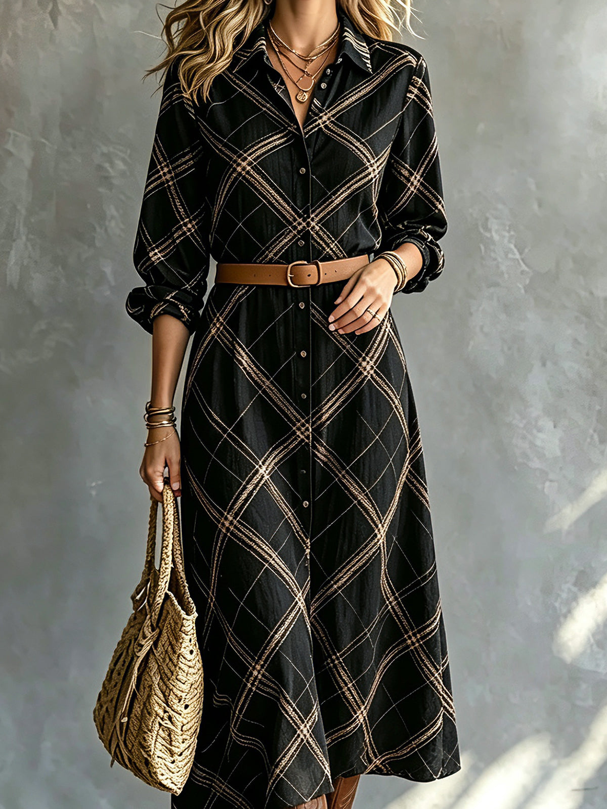 ElevenOra Chic Elegant Black-Camel Geometrical Print Lapel Collar Single-Breasted Long-Sleeve Belted Loose-Fit A-Line Midi Dress