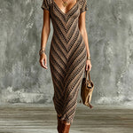 ElevenOra Chic Elegant Camel-Black Geometrical Print V-Neck Short-Sleeve Tailored-Waist Slim-Fit Midi Dress