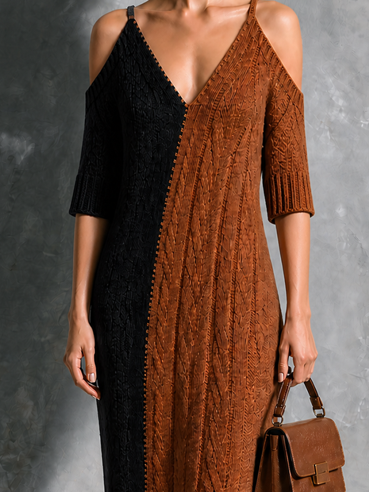 ElevenOra Chic Elegant Black-Brown Colorblock Spaghetti Straps Cold Shoulder V Neck Cable Half-Sleeve Loose-Fit Knit Midi Dress