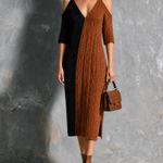 ElevenOra Chic Elegant Black-Brown Colorblock Spaghetti Straps Cold Shoulder V Neck Cable Half-Sleeve Loose-Fit Knit Midi Dress