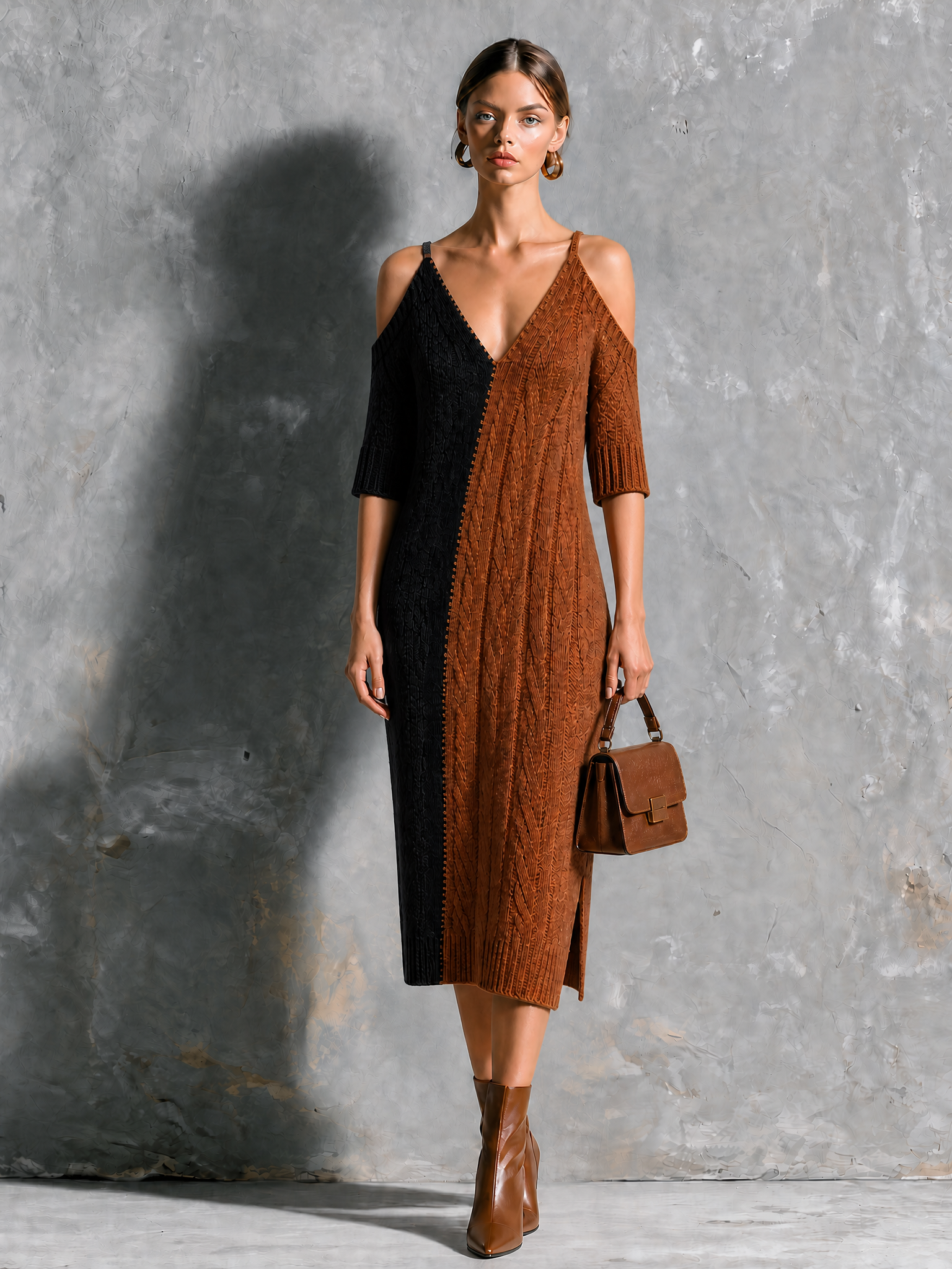 ElevenOra Chic Elegant Black-Brown Colorblock Spaghetti Straps Cold Shoulder V Neck Cable Half-Sleeve Loose-Fit Knit Midi Dress